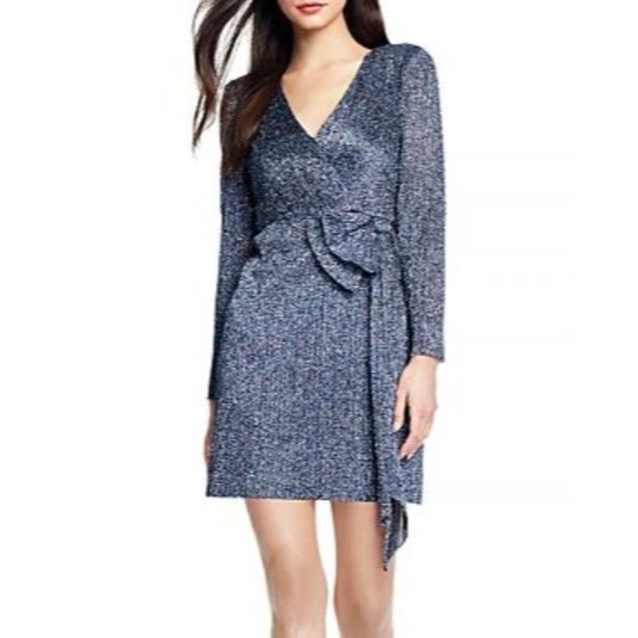 Aidan by Aidan Mattox Blue Metallic Padded Shoulder Wrap Dress - Size 0 - NWT - Picture 2 of 3